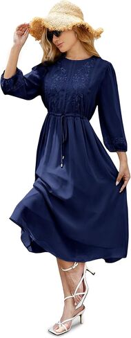 فستان نسائي كاجوال 3/4 كم خريفي، فستان طويل مطرز بالورود، رقبة دائرية، فستان متأرجح مع جيوب in Kuwait