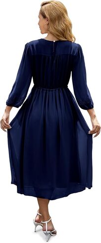 فستان نسائي كاجوال 3/4 كم خريفي، فستان طويل مطرز بالورود، رقبة دائرية، فستان متأرجح مع جيوب in Kuwait