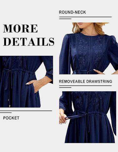 فستان نسائي كاجوال 3/4 كم خريفي، فستان طويل مطرز بالورود، رقبة دائرية، فستان متأرجح مع جيوب in Kuwait