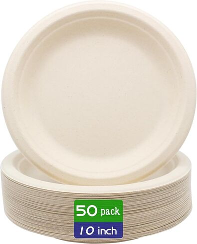 BLUE TOP Compostable Disposable Paper Plates, Heavy Duty Waterproof - 50 Pack 10 inch Eco-Friendly Biodegradable Sugarcane Bagasse Dinner Plates in Saudi Arabia