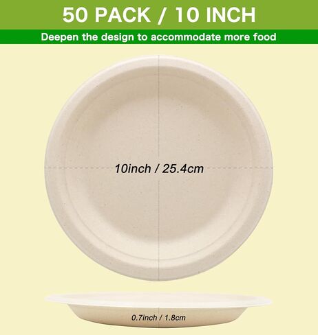 BLUE TOP Compostable Disposable Paper Plates, Heavy Duty Waterproof - 50 Pack 10 inch Eco-Friendly Biodegradable Sugarcane Bagasse Dinner Plates in Saudi Arabia