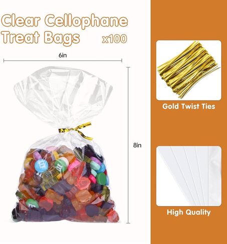 Wocuz Cellophane Bags Clear Cellophane Treat Bags with Metallic Twist Ties for Cookie Candy Bakery Popcorn Dessert Gift Giving Wraps (4x6 Inch, 100Pcs) in Saudi Arabia