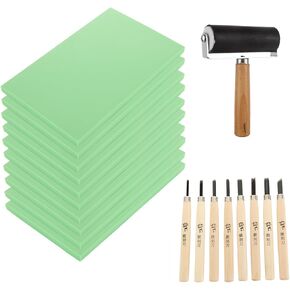 17PCS Rubber Stamp Carving Kit 4x6" Linoleum Block Carving Tools for Printmaking, Stamp Making Kit Printmaking Supplies Linoleum Block Printing Kit (8 Block, 8 Carving Knives,1 Rubber Roller)