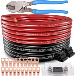 4 Gauge Wire (25ft Each- Black/Red) Copper Clad Aluminum CCA,20pcs Lugs Terminal Connectors with 3:1 Heat Shrink Tube for Power/Auto,Amplifier,Ground Cable