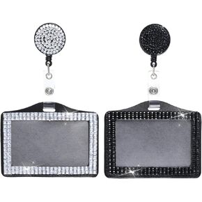 4 Pcs Bling ID Badge Holder, Horizontal Badge Holder Retractable Crystal Neck Lanyard Rhinestone Name Badges Portable Rhinestone Work Badges Reel Clip for Office Business Home Black White