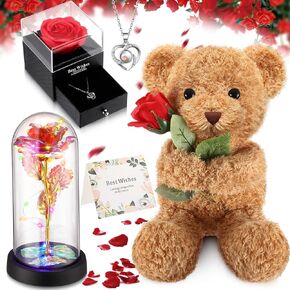 Mothers Day Rose Gifts for Mom Artificial Flowers Rose Bear Heart Necklace Birthday Gift for Women Wife Mom Grandma