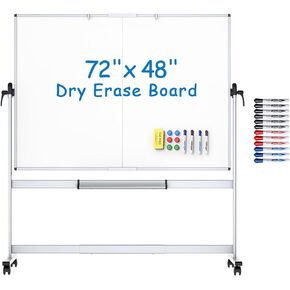 VIZ-PRO Double-Sided Mobile Whiteboard, 72 x 48 Inches, Magnetic Rolling Dry Erase White Board on Wheels with 1 Dry Eraser & 16 Markers & 6 Magnets