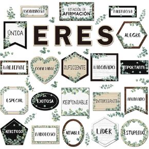 24 Pcs Affirmation Station Spanish Bulletin Board Set Spanish Motivational Classroom Decor Positive Inspirational Cutouts for Teachers Back to School Wall Supplies(Greenery)