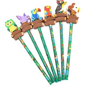 Colorful Bird Decorative Pencils with Erasers, Set of 6