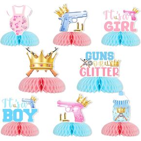 Guns or Glitter Gender Reveal Decorations, 8pcs Gun Theme It’s A Boy or Girl Honeycomb Centerpiece Double-sided Printing Table Decorations for Gun Theme Gender Reveal Party Supplies