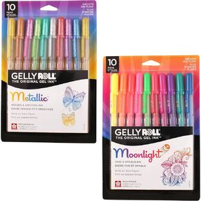 Sakura Gelly Roll Roll Metallic Gel Abens - حبر معدني ملون - خط متوسط ​​- 10 Pack & Gelly Roll Moonlight Gel Line - خط غامق - حبر مشرق متنوع - 10 حزمة