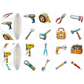 600 Pcs Tool Stickers for Kids- 1.5 Inch Round Stickers Roll 16 Tyles Construction Tools Kindergarten Sticker Teacher Sticker for Kids Birthday Party School Reward Giveaways