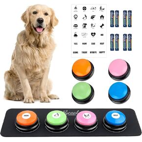 Dog Buttons for Communication, 8pcs Dog Talking Button Set Talking Pet Buttons for Dogs 30s Recordable Pet Training Button with Waterproof Anti-Slip Mat and 24 Scene Stickers & 16 AAA Batteries