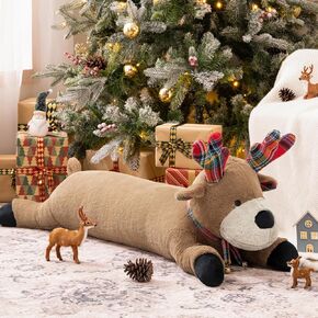 Phantoscope Christmas Animal Series, Bear Shaped Throw Pillow with Plaid Heart, Faux Fur Large Long Body Pillow Christmas Decorative Pillows for Couch, Sofa, Bed, Brown Bear 13 x 41 inches