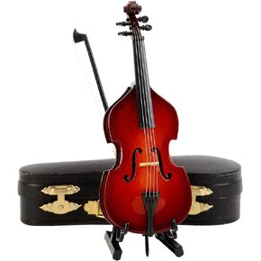 Dselvgvu Wooden Miniature Double Bass مع الحامل والقوس والحالة Mini Contrabass النسخ الموسيقية المصغرة للدمى المصغرة Dollhouse Docity (5.71 "x2.17" x1.38 ")