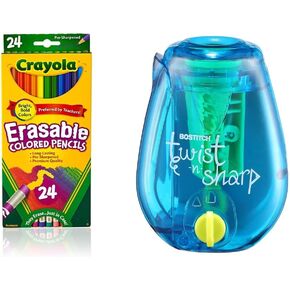 Crayola Erasable Colored Pencils, 24 Count, Assorted (Long) and Bostitch Office Twist-n-Sharp Pencil Sharpener (PS1-ADJ)
