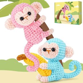 Crochet Kit for Beginners - 2 PCS Monkey with Banana Crochet Kit with Step-by-Step Video Tutorials, Beginner Crochet Kit for Adults, Crochet Monkey Kit for Kids (Blue & Pink)