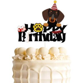 الكلب عيد ميلاد سعيد كعكة أعلى ، جرو لطيف حيوان أليف تحت عنوان ديكور كعكة الحفلات ، ديكشوند جرو موضوع ديكورات حفلة عيد ميلاد الأطفال