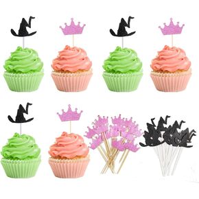 Witch Hat Cake Topper, Crown Cupcake Toppers Little Black Pink Foam Ball Witch Theme Party Supplies for Wedding Halloween