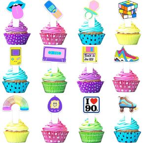 24-Pcs Cupcake Toppers Set I Love 90S Themed Happy Birthday - Kids Retro 90s Party, Boys and Girls Birthday Party, Baby Shower Party, or Hip Hop Party Retro 1990 Decorations - LIANGSS