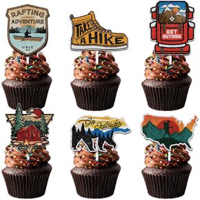 18pcs Glitter Dessert Cupcake Topper Pick for Camping Adventure Theme Decor Supplies Men Woman Boys Girls Happy Birthday Graduation Retirement Party Decorations