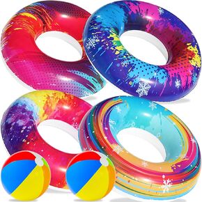 Parentswell 6PCS Big Pool Floats Tubes: Inflatable Pool Floats Swimming Rings with Beach Balls - Brightly Colored Pool Floaties Party Toys, Pool Toys for Kids Adults Toddlers