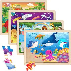 الألغاز الخشبية للأطفال الذين تتراوح أعمارهم بين 4-6 ، 4 حزم 60 PCS Animal Dinosaur Jigsaw Buzzles للأطفال الذين تتراوح أعمارهم