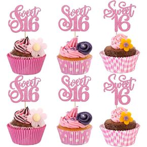 RSSTARXI 30 Pack 16th Birthday Cupcake Topcake Glitter Sweet 16 Sixteen alles Cupcake تختار الديكور كعكة للأطفال ، زفاف ، زخارف حفل الذكرى الوردي