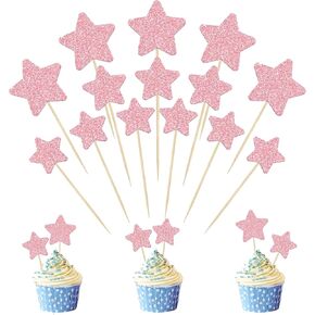 30 PCS Star Cupcake Toppers ، Scenced Size Glitter Starlet Cake Decorations لمختلف لوازم الديكور كعكة عيد ميلاد - وردي