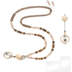 Retractable Natural Stone Beaded Lanyard for ID Holder Badges, Cute & Stylish Key Lanyards for Female Teachers