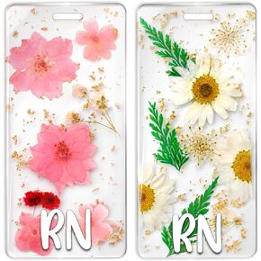 2 Pcs RN Badge Buddy Badge Holder Flower Nurse Name Badge Resin Flower Badge Buddy Vertical Badge Identification Tags for RN Nurse (Pink and Purple)