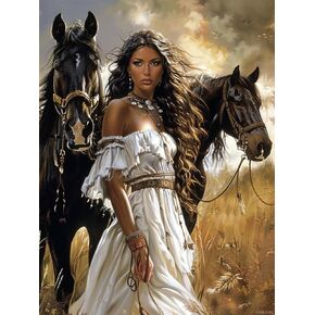 EATUKYIC American Native Indian Woman and Horses 5D Diamond Art Painting by Number Kits for Adults DIY Paint with Full Drill Round Diamond Gems Painting Art Craft for Home Wall Decor 12x16 inch