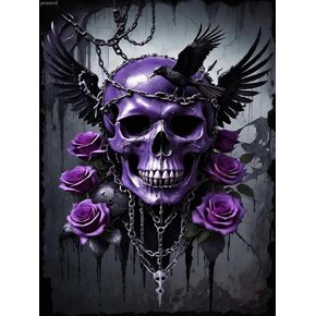 مجموعات الطلاء Pcxord Diamond للبالغين Skull Diamond Art DIY 5D Purple Flower and Skull Round Full Drill Crystal Rhinestone Arts and Crafts Home Wall Decor