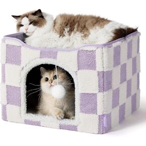 Lesure Indoor Cat Beds Kitten House - Large Cat Cave for Pet Cube with Fluffy Ball Hanging, Foldable Cat Hideaway, 16.5x16.5x13 inches, Cozy Clouds Blue