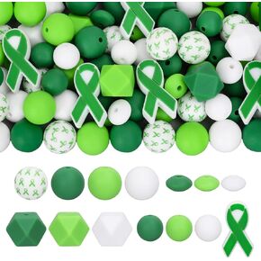 100 Pcs Mental Health Awareness Silicone Beads Green Ribbon Round Hexagon Spacer Rubber Loose Beads with Elastic Rope for DIY Crafts Keychain Jewelry Making