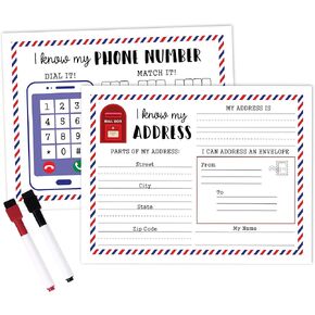 ورقة عمل التدريب الجاف لمحو جاف أعرف عنواني ، وأنا أعلم رقم هاتفي - ورقة عمل مرحلة ما قبل المدرسة ، ورياض الأطفال الرقائقي ، وأنشطة المدرسة المنزلية للأطفال مع 2 علامات مسح جافة