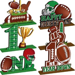 6 Pcs Football 1st Birthday Decorations Football Table Centerpiece Wooden First Year Down Football Themed Party Supplies First Down Rugby Ball Decor Table Toppers for One Year Old Baby Shower