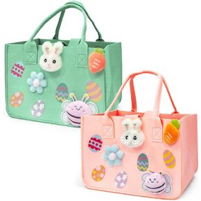 PARSUP 2PCS Easter Egg Hunt Bags Happy Easter Bunny Gift Bags with Handles, Easter Treat Bags, Felt Easter Bags for Gifts Wrapping, Egg Hunt Game, Easter Party Supplies, 12" x7.8" x6.8"(Pink + Blue)