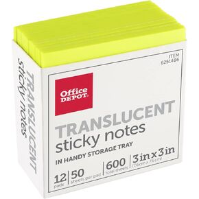 Office Depot® Brand Translucent Sticky Notes, With Storage Tray, 3" x 3", Yellow, 50 Notes Per Pad, Pack Of 12 Pads