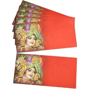 Krishna Art Work Design Shagun Envelope Velvet Feel | حزمة 10 | (الحجم: 19 × 9.5 سم) (أحمر)