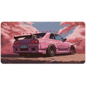 Anime Car Large Mouse Pad Japanese Cherry Blossom JDM Mousepad Gaming Pink Desk Mat R34 Keyboard Computer Pad Office Desk Organizers and Accessories 23.6 x 11.8 Inch