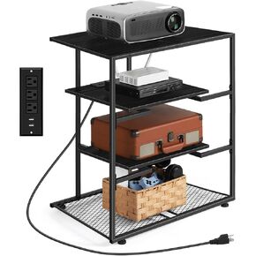 BTY AV Media Stand with Charging Station and USB Ports, 4 Tier Stereo Rack with Open Storage Shelf, Industrial Audio Tower Stand for Living Room, Media Room, Small Space, Black