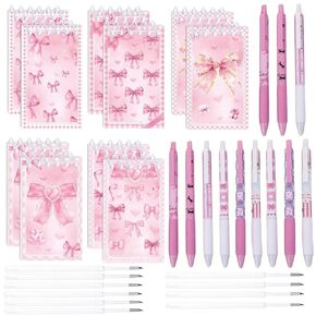 10Pcs Pink Coquette Bows Spiral Notebooks and 12Pcs Ballpoint Pens Bow tie Theme Pocket Notepads Retractable Black Ink Pens School Stationery Set Birthday Party Favor Gifts Class Reward Prizes