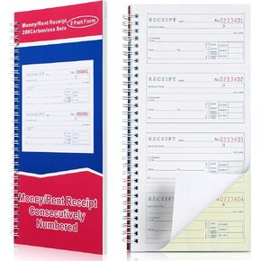 Crtiin Books Money and Rent Receipt Book 2 Part Carbonless Receipt Log Book with Carbonless Copies, Spiral Bound, 200 Sets Per Book, 4 Receipts Per Page, 5.25 x 11 Inch(10 Pcs)