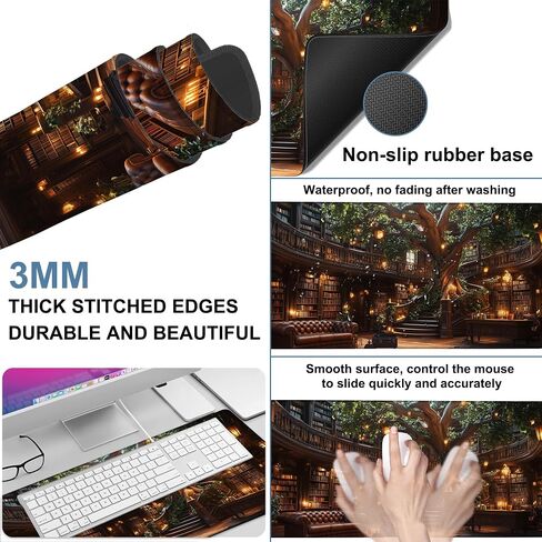 Large Mouse Pad Old Library Gaming Desk Pad Computer Keyboard Non-Slip Waterproof Mouse Mat with Rubber Base and Stitched Edges Entertainment Office Writing Desk Mat 35.4 x 15.7 Inches in Saudi Arabia