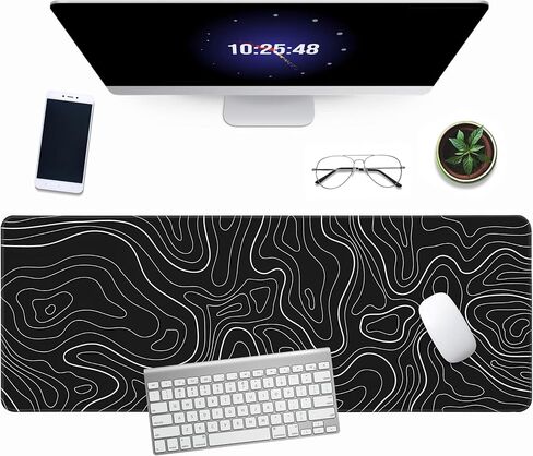 Minimalist Topographic Map Mouse Pad - Contour Extended Large Stitch Edge Mousepad. Black & White Non-Slip Gaming Desk Mat 31.5x11.8inch in Saudi Arabia
