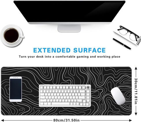Minimalist Topographic Map Mouse Pad - Contour Extended Large Stitch Edge Mousepad. Black & White Non-Slip Gaming Desk Mat 31.5x11.8inch in Saudi Arabia