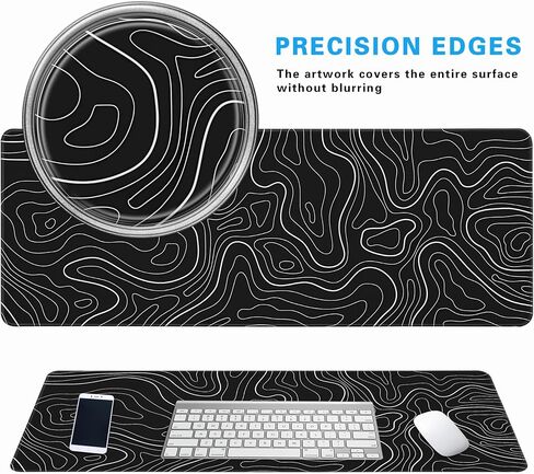 Minimalist Topographic Map Mouse Pad - Contour Extended Large Stitch Edge Mousepad. Black & White Non-Slip Gaming Desk Mat 31.5x11.8inch in Saudi Arabia
