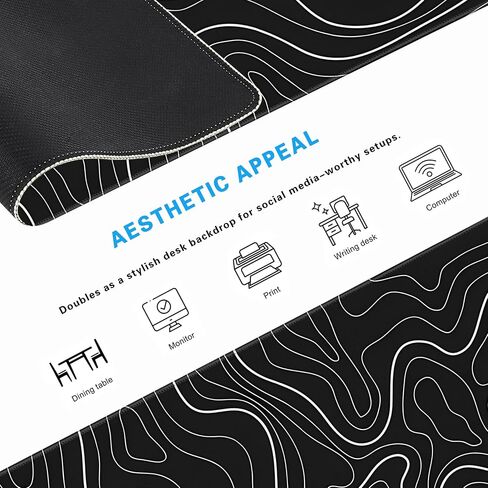Minimalist Topographic Map Mouse Pad - Contour Extended Large Stitch Edge Mousepad. Black & White Non-Slip Gaming Desk Mat 31.5x11.8inch in Saudi Arabia