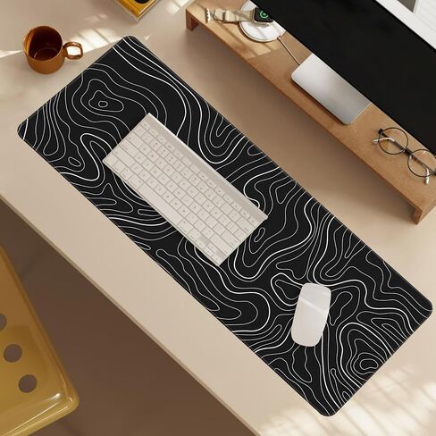 Minimalist Topographic Map Mouse Pad - Contour Extended Large Stitch Edge Mousepad. Black & White Non-Slip Gaming Desk Mat 31.5x11.8inch in Saudi Arabia